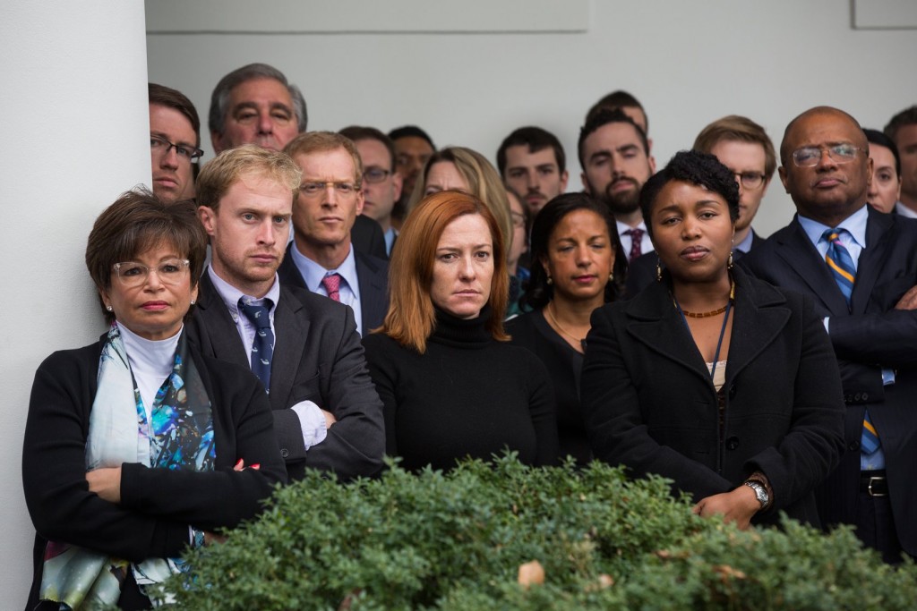 White House Staff listening to Obama announce Trump's victory. 